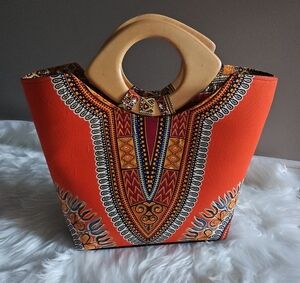 Vibrant Orange Tote Bag with Wooden Handles